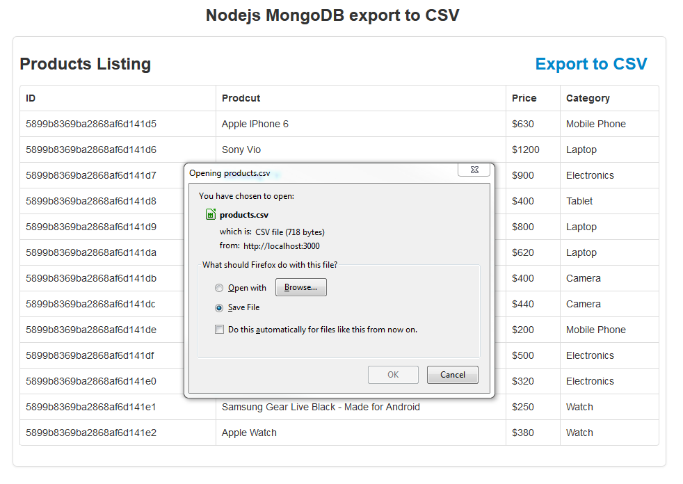 generate csv using nodejs mongodb - prompts