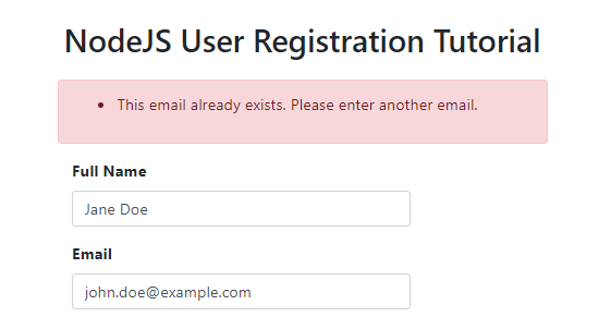 nodejs user registration - email already exists