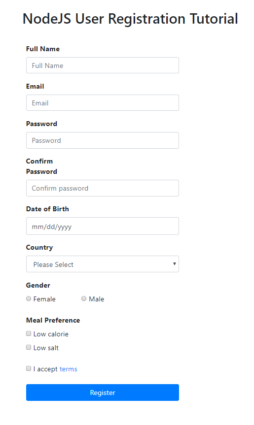 nodejs user registration - user form
